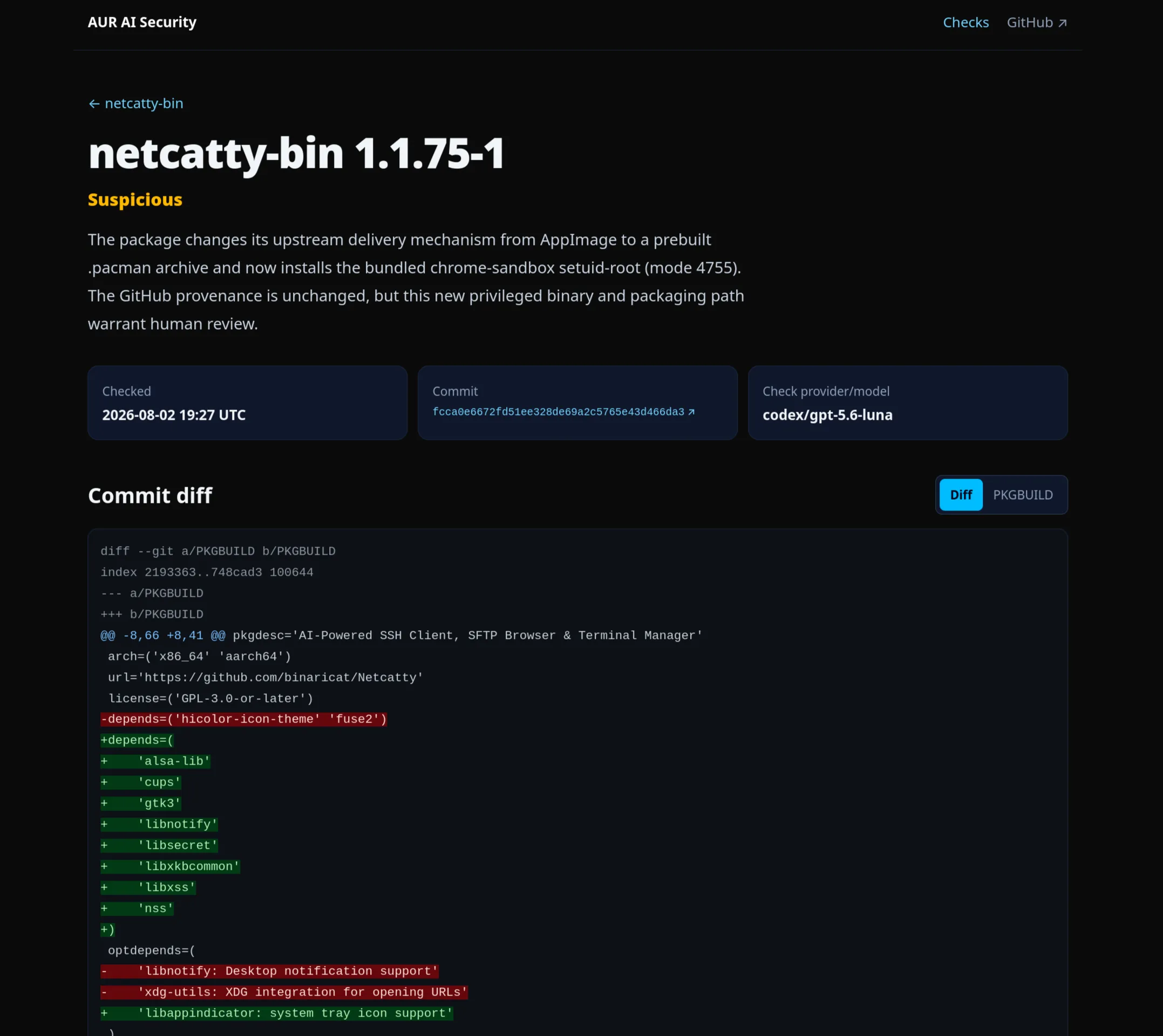 A suspicious AUR package assessment with its highlighted commit diff