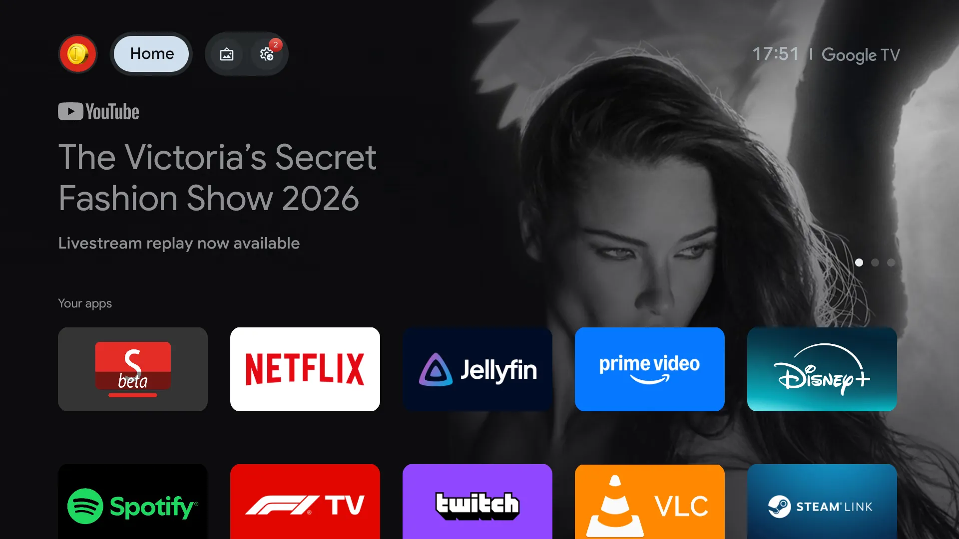 The Google TV home screen in Apps only mode, still showing a large promotional banner