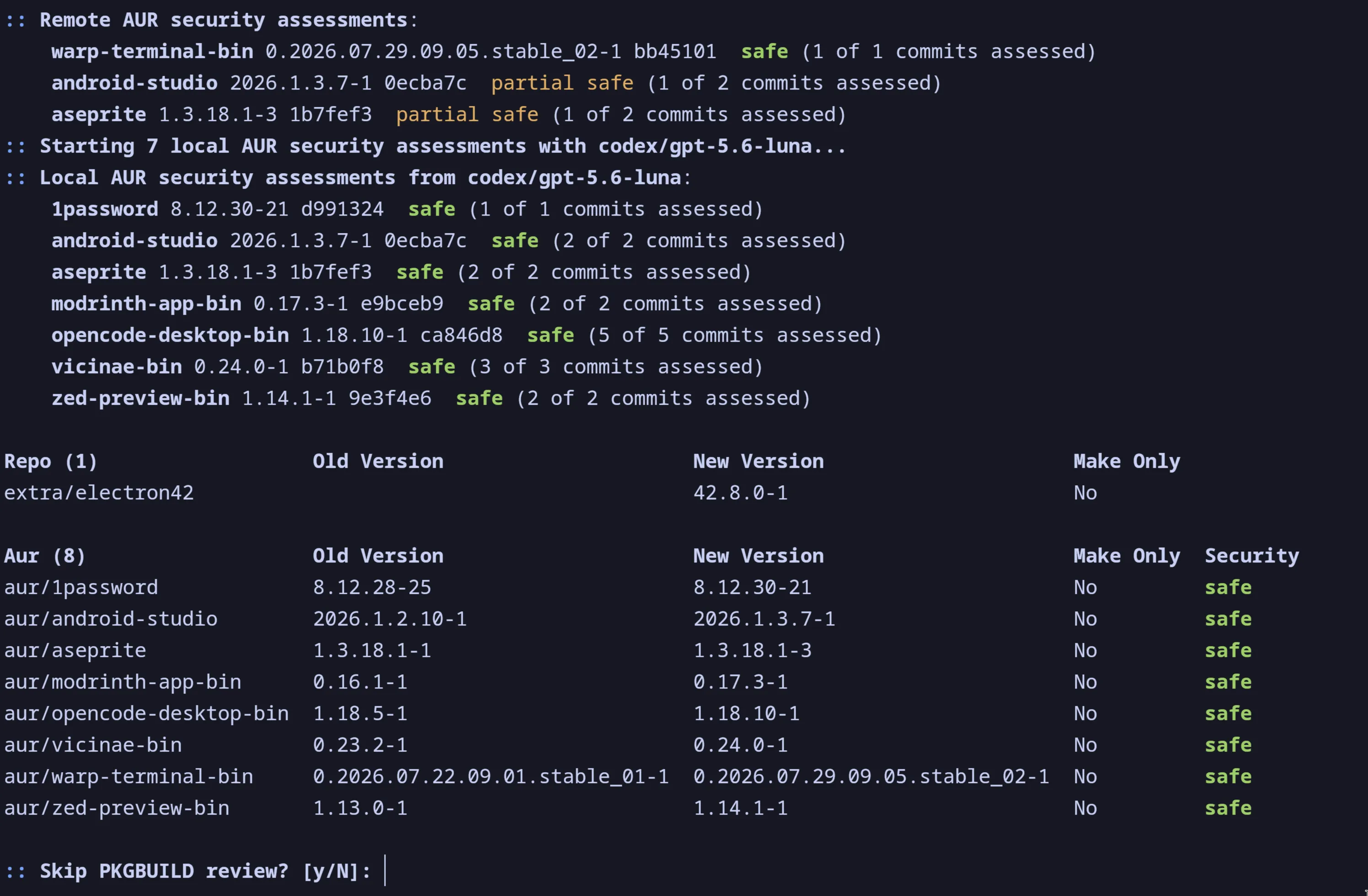 paru displaying remote and local AUR security assessments before an upgrade