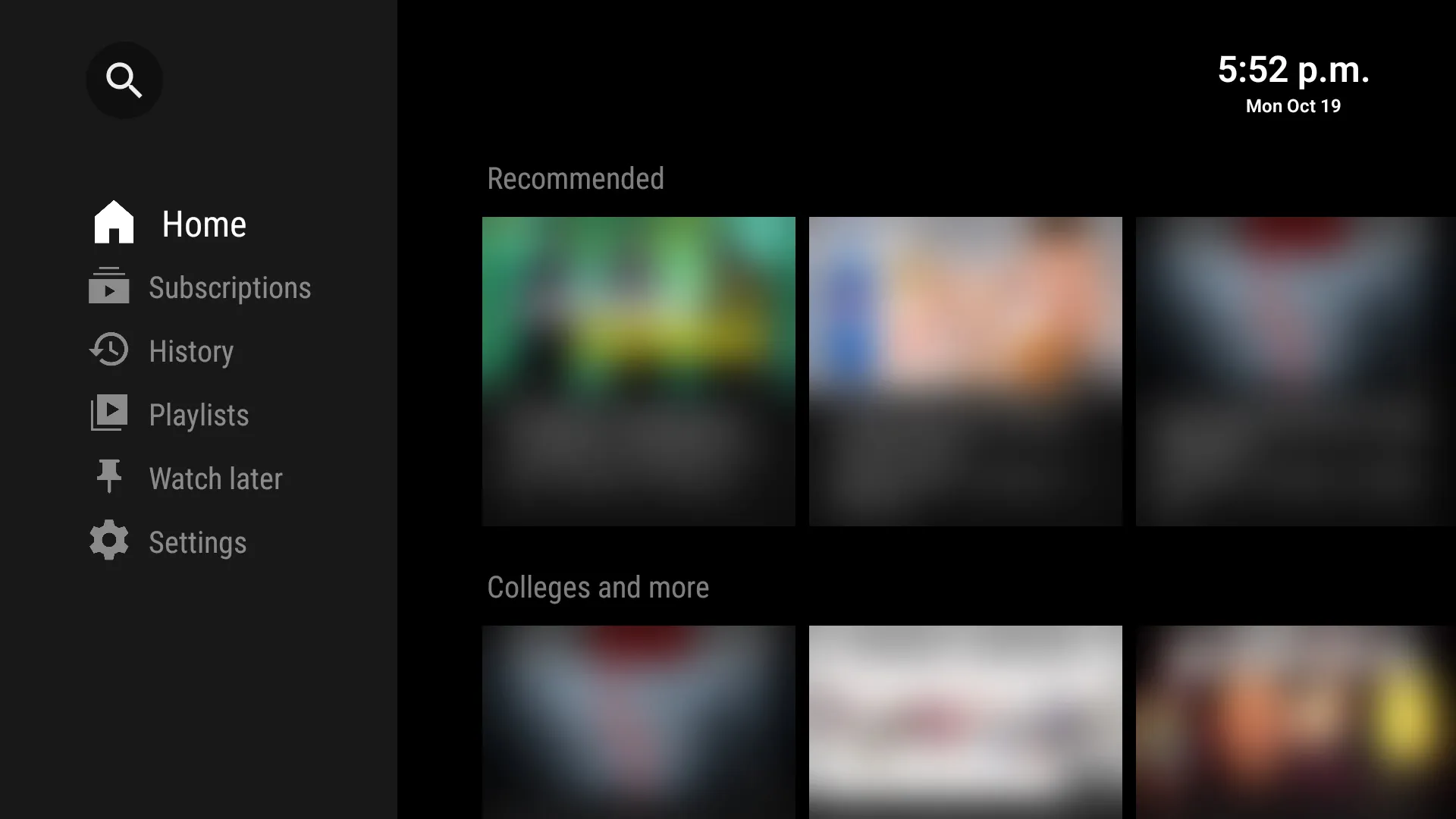 The SmartTube home screen