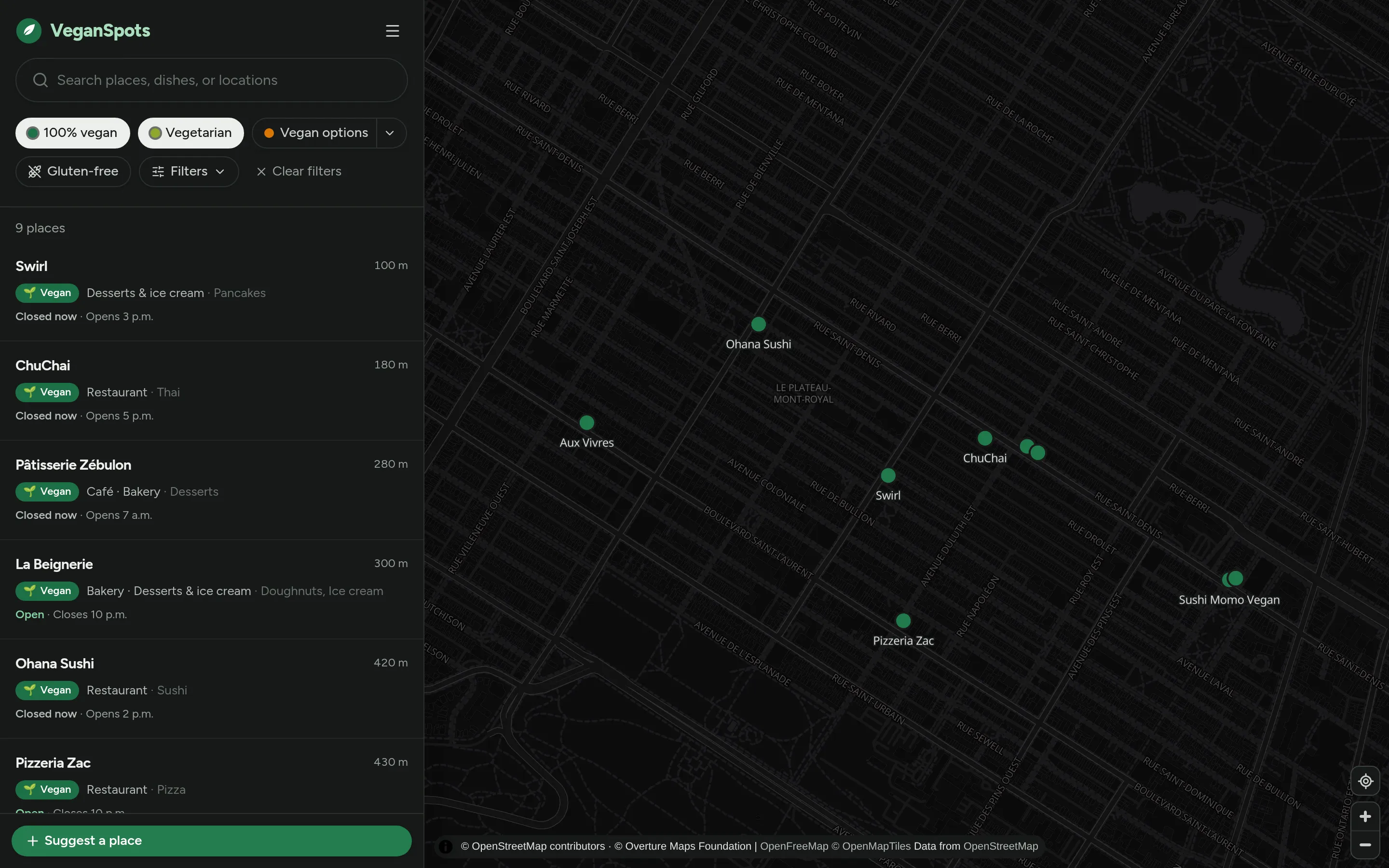 The VeganSpots map around the Plateau-Mont-Royal in Montréal, filtered to 100% vegan and vegetarian places
