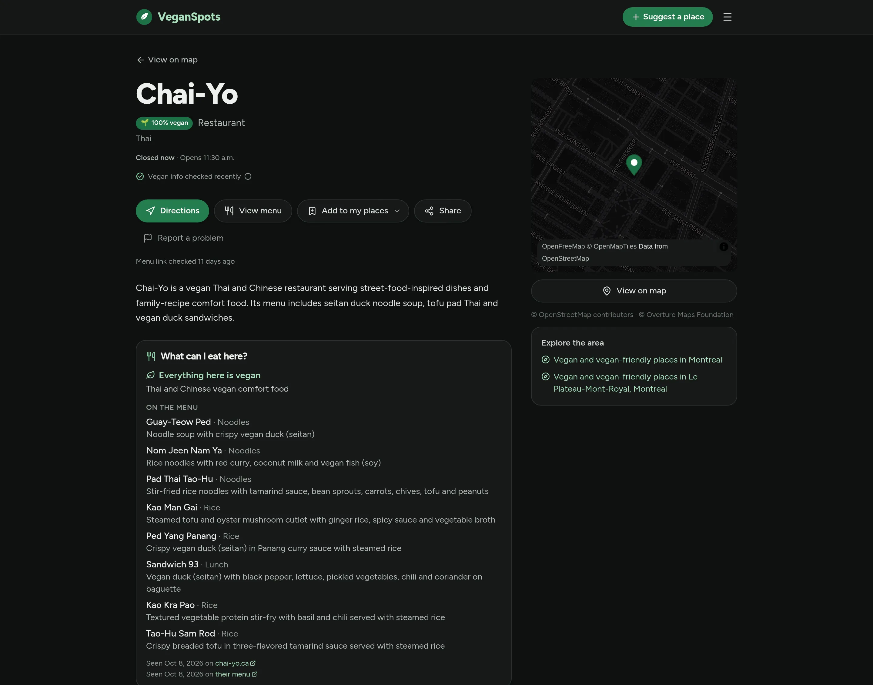 A place page: Chai-Yo, a 100% vegan Thai restaurant, with “What can I eat here?” listing dishes from its menu